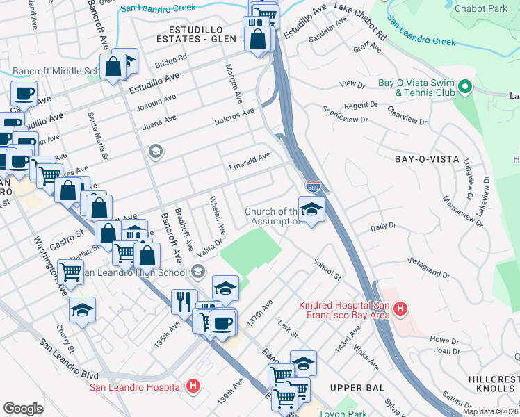 map of restaurants, bars, coffee shops, grocery stores, and more near 851 Kenyon Avenue in San Leandro