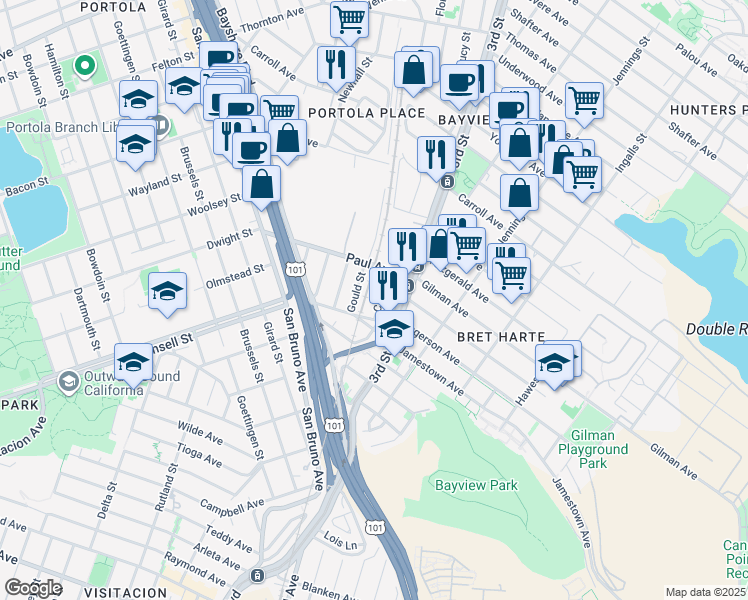 map of restaurants, bars, coffee shops, grocery stores, and more near 34 Carr Street in San Francisco