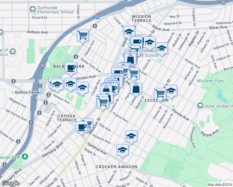 map of restaurants, bars, coffee shops, grocery stores, and more near 4780 Mission Street in San Francisco