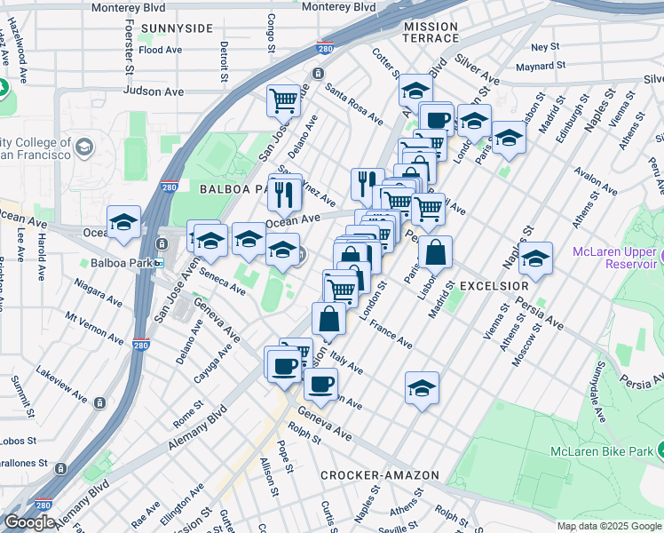 map of restaurants, bars, coffee shops, grocery stores, and more near 60 Onondaga Avenue in San Francisco