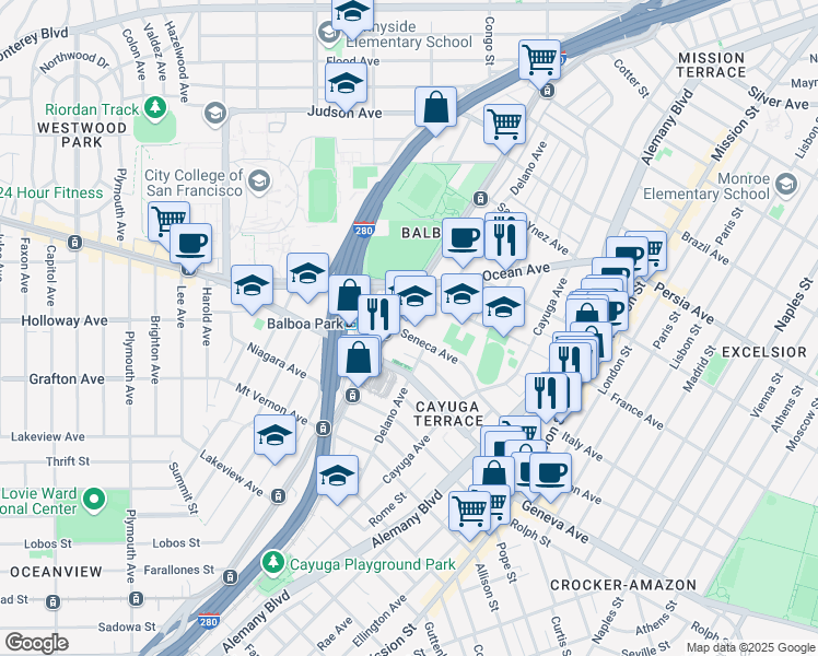 map of restaurants, bars, coffee shops, grocery stores, and more near 2133 San Jose Avenue in San Francisco