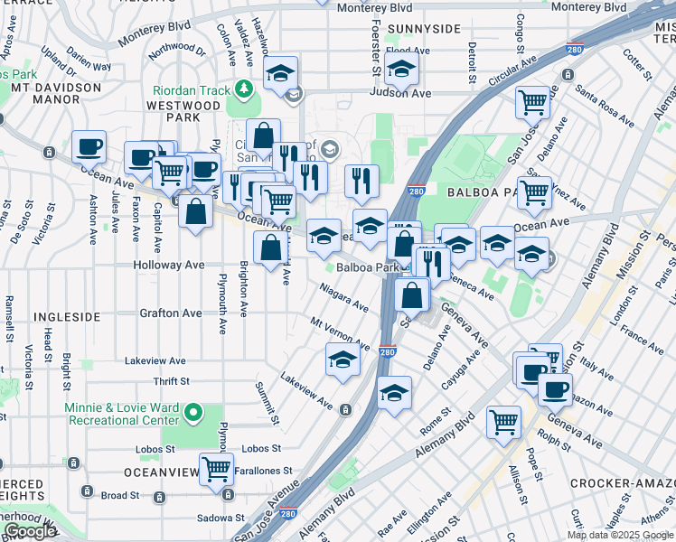 map of restaurants, bars, coffee shops, grocery stores, and more near 66 Geneva Avenue in San Francisco