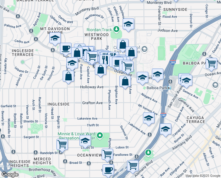 map of restaurants, bars, coffee shops, grocery stores, and more near 212 Holloway Avenue in San Francisco