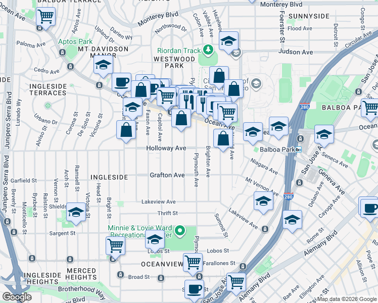 map of restaurants, bars, coffee shops, grocery stores, and more near 344 Holloway Avenue in San Francisco