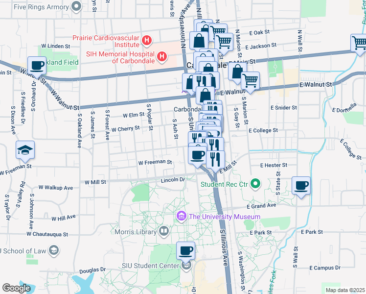 map of restaurants, bars, coffee shops, grocery stores, and more near 520 South University Avenue in Carbondale