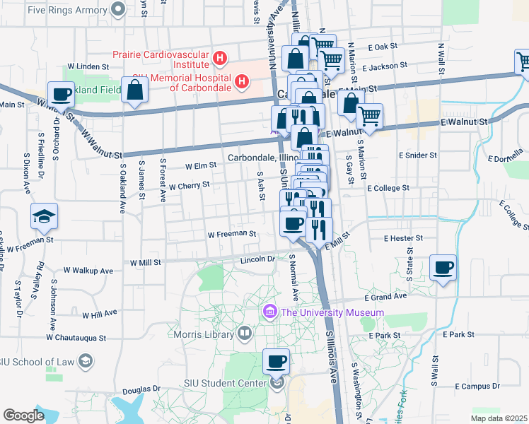 map of restaurants, bars, coffee shops, grocery stores, and more near 513 South Beveridge Street in Carbondale