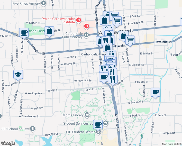map of restaurants, bars, coffee shops, grocery stores, and more near 513 South Beveridge Street in Carbondale