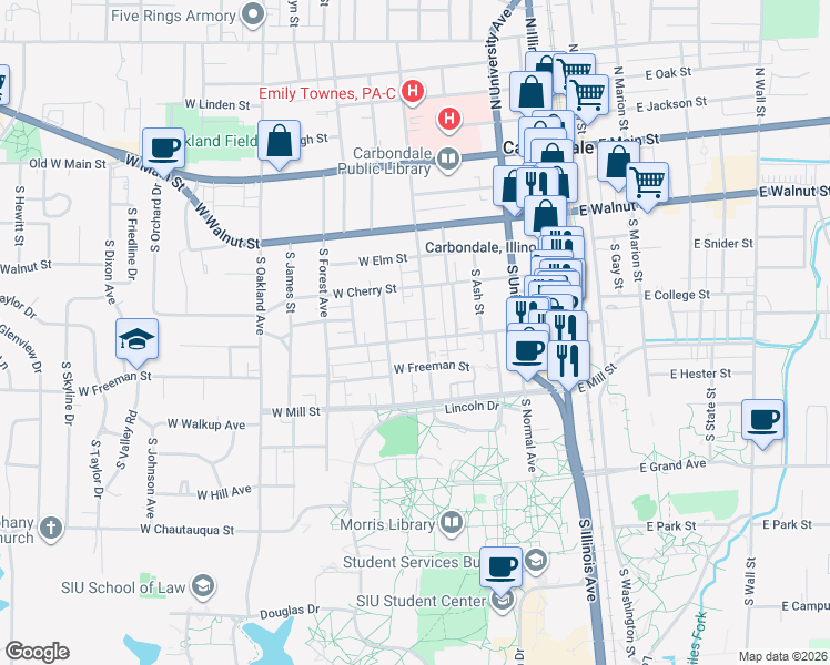 map of restaurants, bars, coffee shops, grocery stores, and more near 513 South Poplar Street in Carbondale