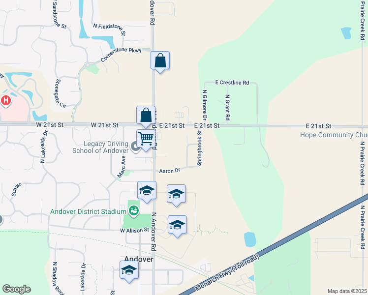 map of restaurants, bars, coffee shops, grocery stores, and more near 2023 Harvest Ridge Court in Andover