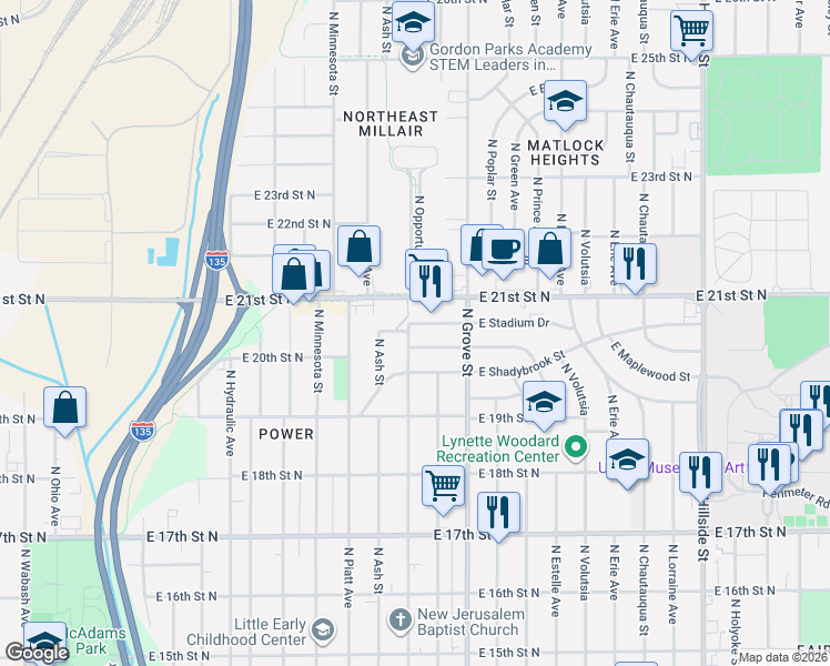 map of restaurants, bars, coffee shops, grocery stores, and more near 2200-2398 Stadium St in Wichita