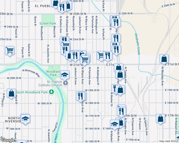 map of restaurants, bars, coffee shops, grocery stores, and more near 355 West 21st Street in Wichita