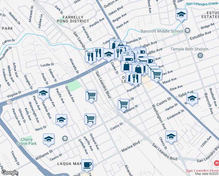 map of restaurants, bars, coffee shops, grocery stores, and more near 1400 San Leandro Boulevard in San Leandro