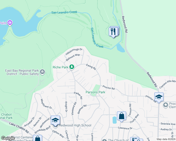 map of restaurants, bars, coffee shops, grocery stores, and more near 4597 Ewing Road in Castro Valley