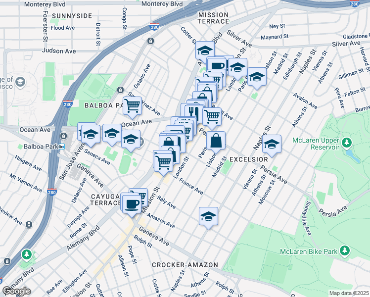 map of restaurants, bars, coffee shops, grocery stores, and more near 4780 Mission Street in San Francisco