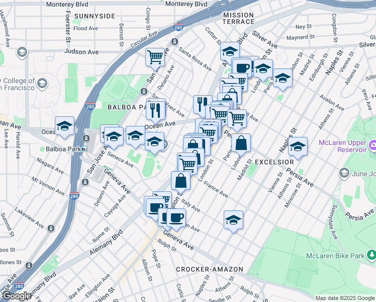 map of restaurants, bars, coffee shops, grocery stores, and more near Onondaga Ave & Alemany Blvd in San Francisco