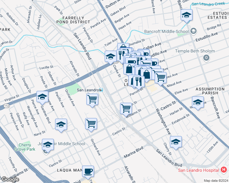 map of restaurants, bars, coffee shops, grocery stores, and more near 528 West Juana Avenue in San Leandro