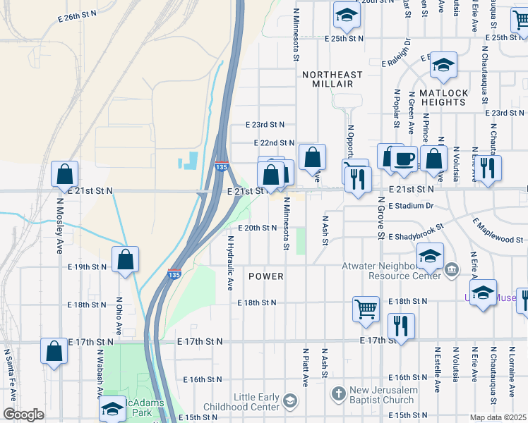 map of restaurants, bars, coffee shops, grocery stores, and more near 2126 North Kansas Street in Wichita