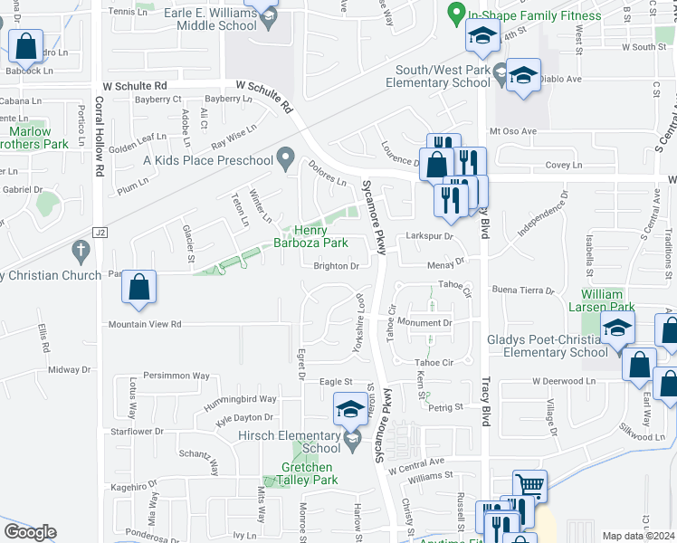 map of restaurants, bars, coffee shops, grocery stores, and more near 1320 Brighton Drive in Tracy