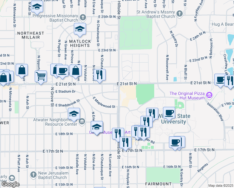 map of restaurants, bars, coffee shops, grocery stores, and more near 3121 East Shadybrook Street in Wichita