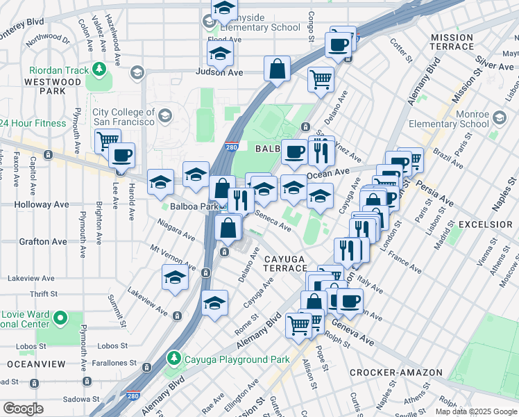 map of restaurants, bars, coffee shops, grocery stores, and more near 300 Seneca Avenue in San Francisco