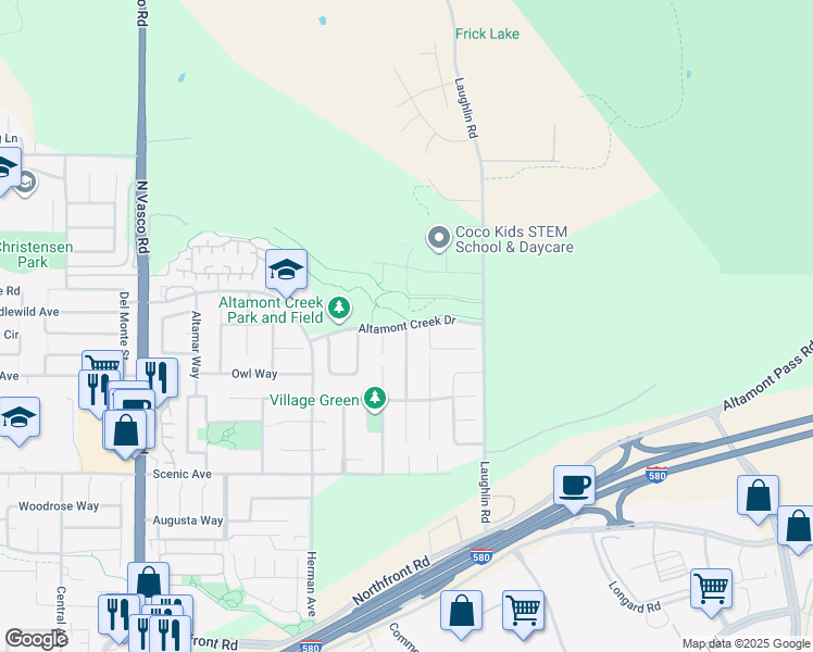 map of restaurants, bars, coffee shops, grocery stores, and more near Altamont Creek Drive & Winding Stream Drive in Livermore