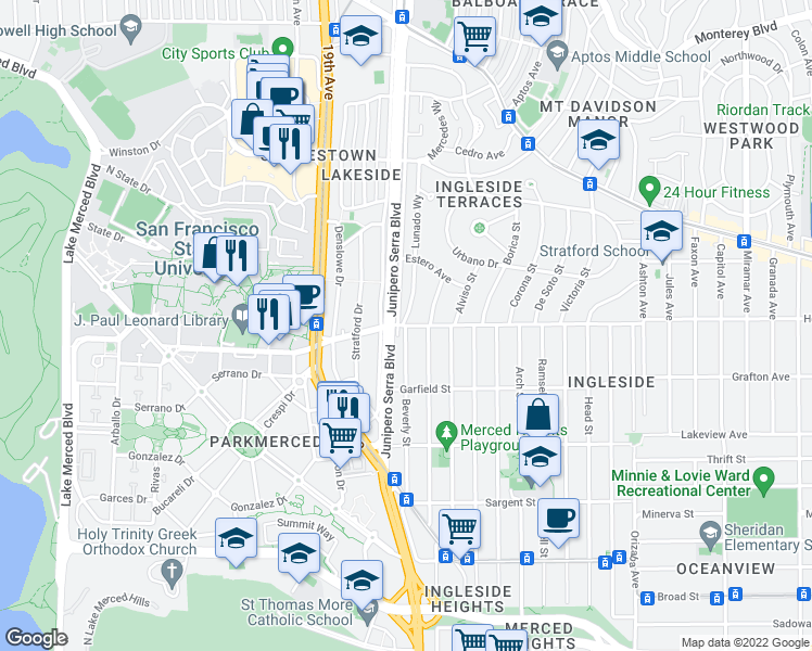 map of restaurants, bars, coffee shops, grocery stores, and more near Holloway Avenue in San Francisco