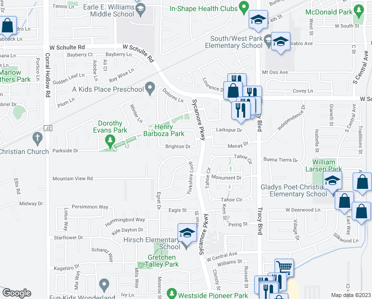 map of restaurants, bars, coffee shops, grocery stores, and more near 1240 Brighton Drive in Tracy