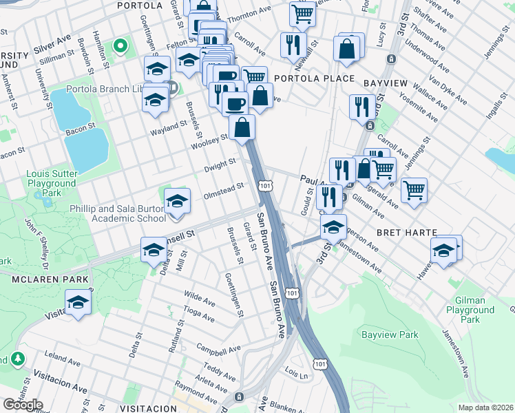 map of restaurants, bars, coffee shops, grocery stores, and more near 2 Mansell Street in San Francisco