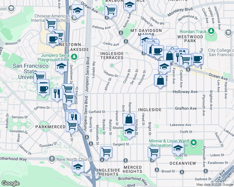 map of restaurants, bars, coffee shops, grocery stores, and more near Holloway Ave & Vernon St in San Francisco