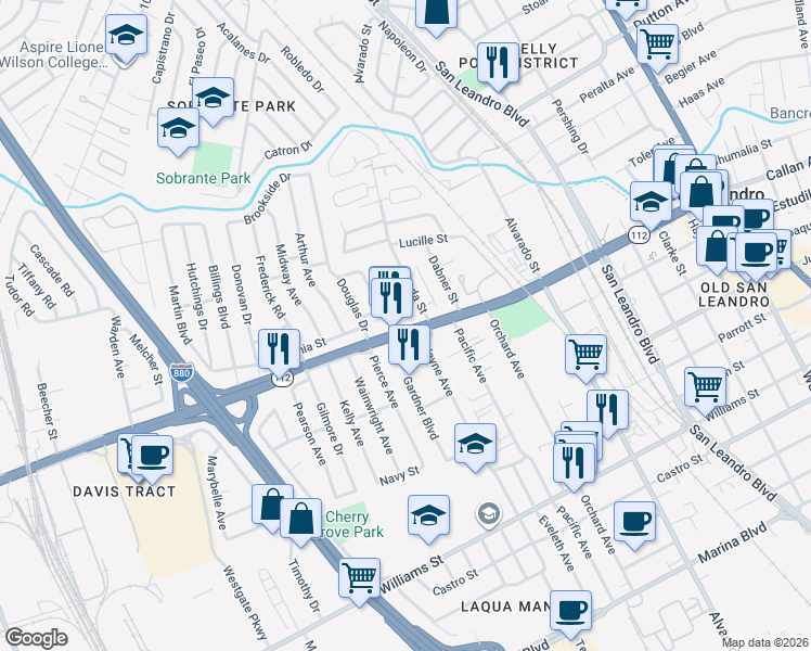 map of restaurants, bars, coffee shops, grocery stores, and more near 1190 Davis Street in San Leandro