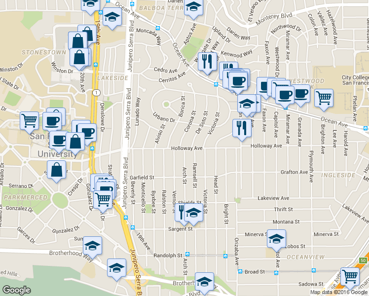 map of restaurants, bars, coffee shops, grocery stores, and more near Holloway Ave & Arch St in San Francisco