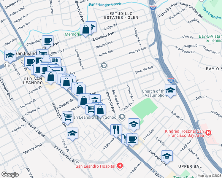 map of restaurants, bars, coffee shops, grocery stores, and more near 1903 Bradhoff Avenue in San Leandro