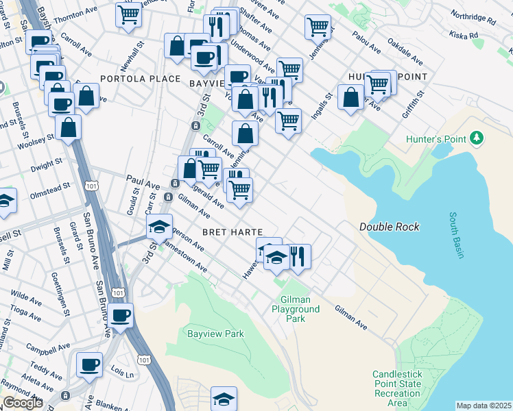 map of restaurants, bars, coffee shops, grocery stores, and more near 1318 Egbert Avenue in San Francisco