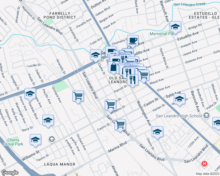 map of restaurants, bars, coffee shops, grocery stores, and more near 1515 Clarke Street in San Leandro