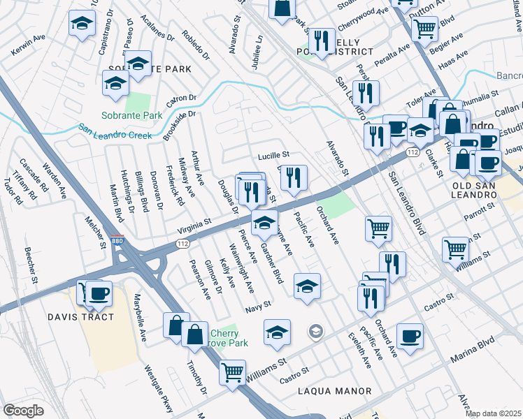 map of restaurants, bars, coffee shops, grocery stores, and more near 1200 Davis Street in San Leandro