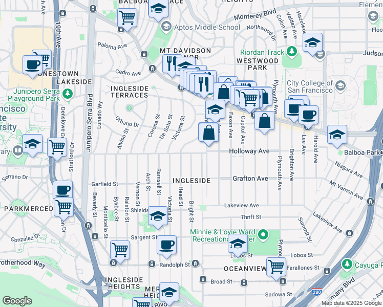 map of restaurants, bars, coffee shops, grocery stores, and more near Holloway Avenue & Bright Street in San Francisco