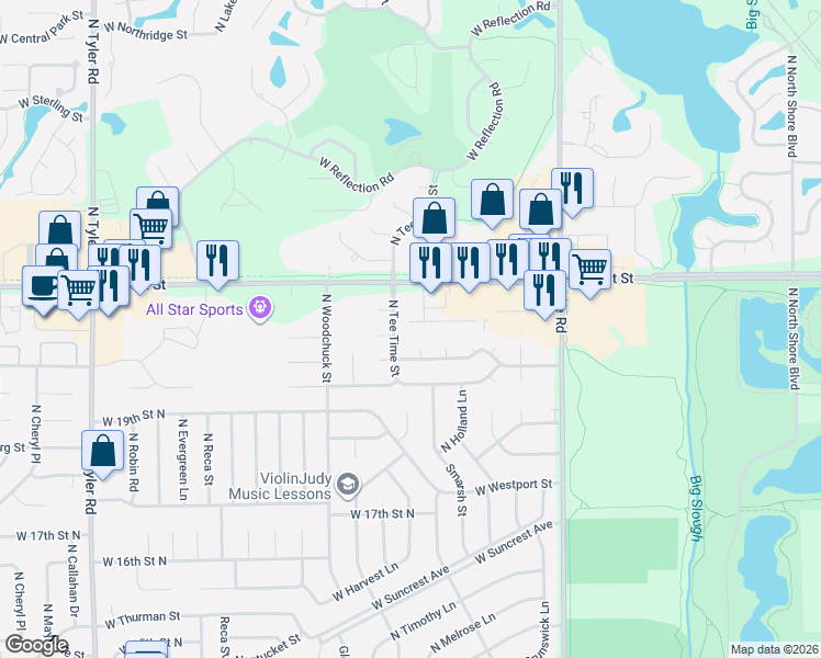 map of restaurants, bars, coffee shops, grocery stores, and more near 2106 North Tee Time in Wichita