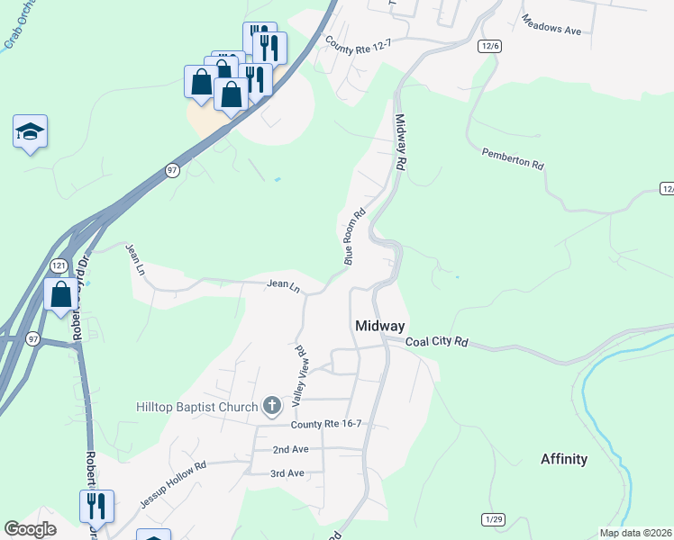 map of restaurants, bars, coffee shops, grocery stores, and more near 455-459 Blue Room Road in Crab Orchard
