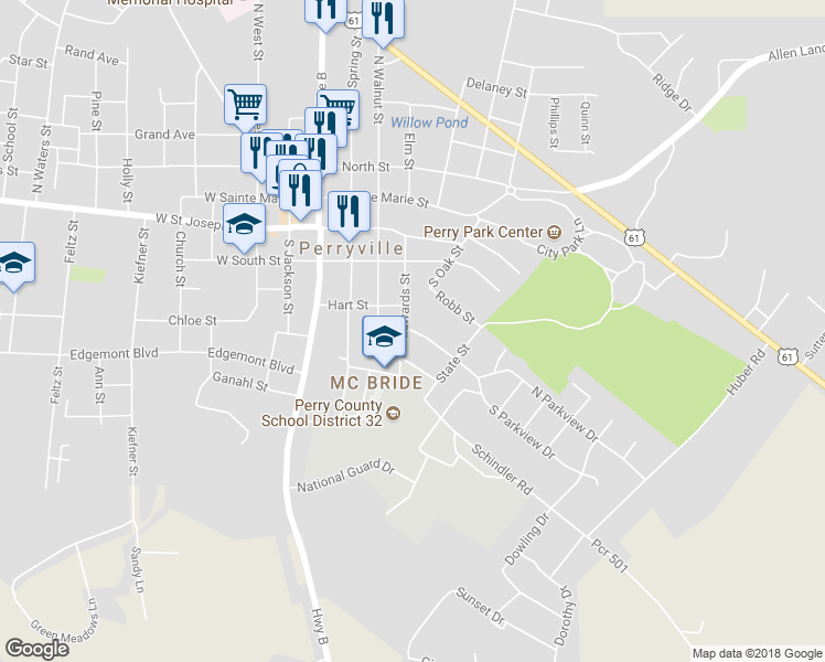 map of restaurants, bars, coffee shops, grocery stores, and more near 304 Bredall Street in Perryville