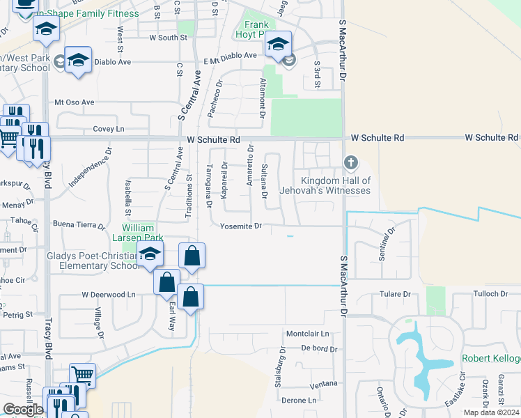 map of restaurants, bars, coffee shops, grocery stores, and more near 1130 Amaretto Drive in Tracy