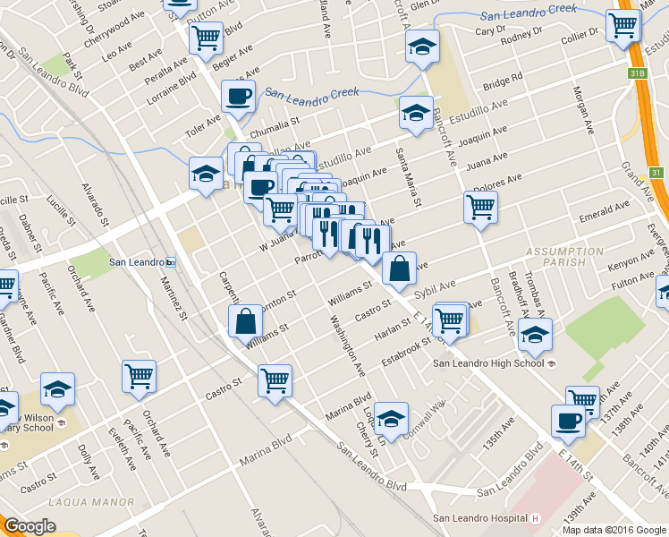 map of restaurants, bars, coffee shops, grocery stores, and more near 1675 East 14th Street in San Leandro