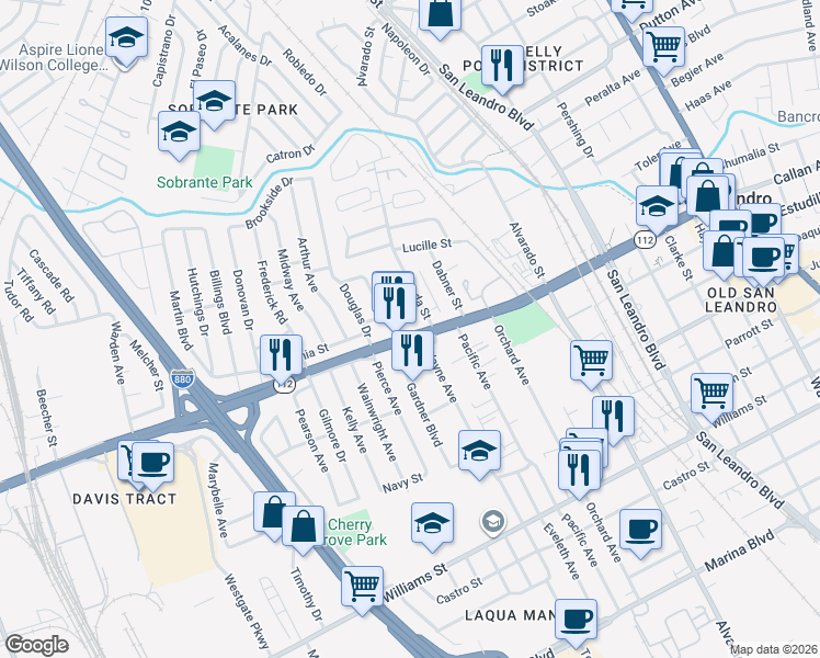 map of restaurants, bars, coffee shops, grocery stores, and more near 1190 Davis Street in San Leandro