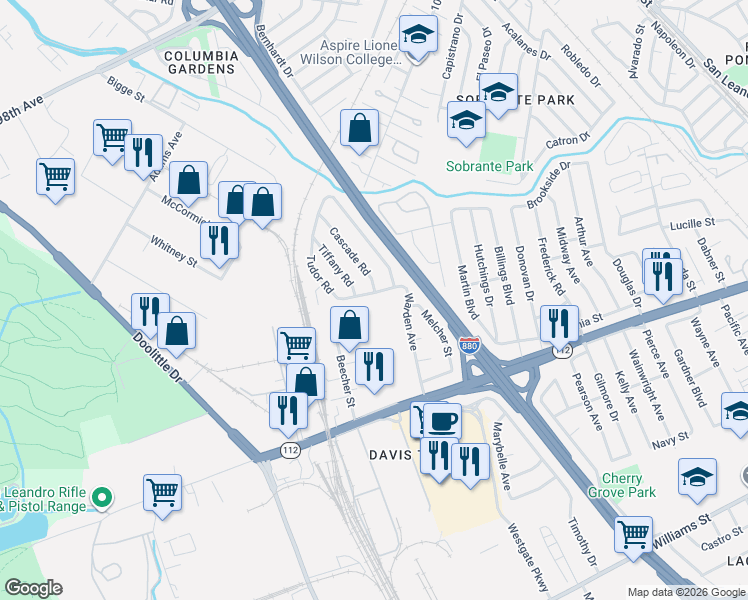 map of restaurants, bars, coffee shops, grocery stores, and more near 672 Tudor Road in San Leandro
