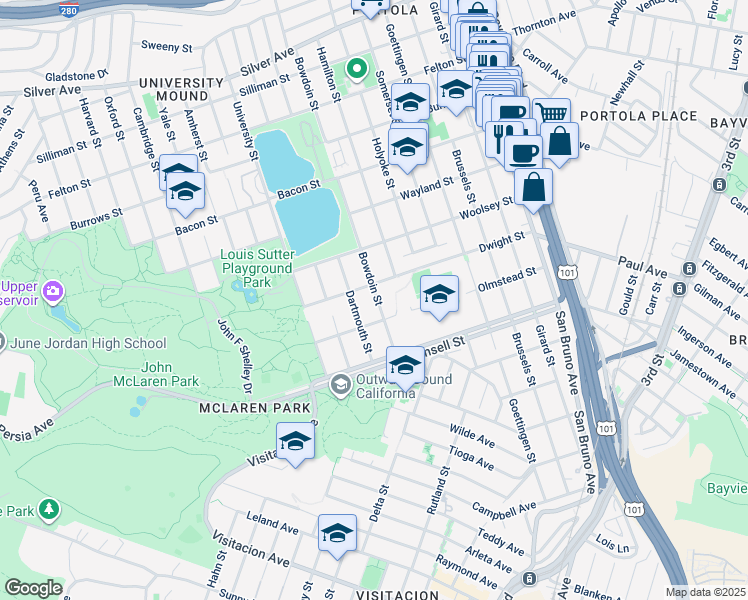 map of restaurants, bars, coffee shops, grocery stores, and more near 1106 Bowdoin Street in San Francisco