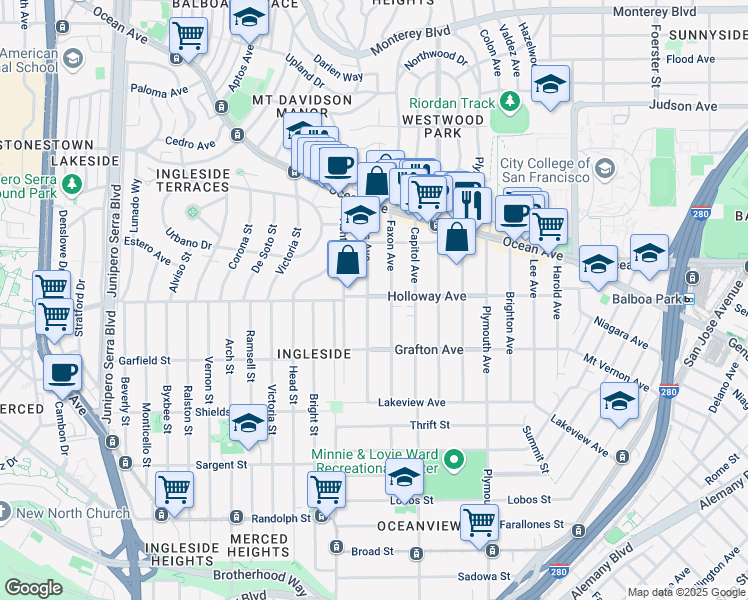 map of restaurants, bars, coffee shops, grocery stores, and more near 806 Holloway Avenue in San Francisco