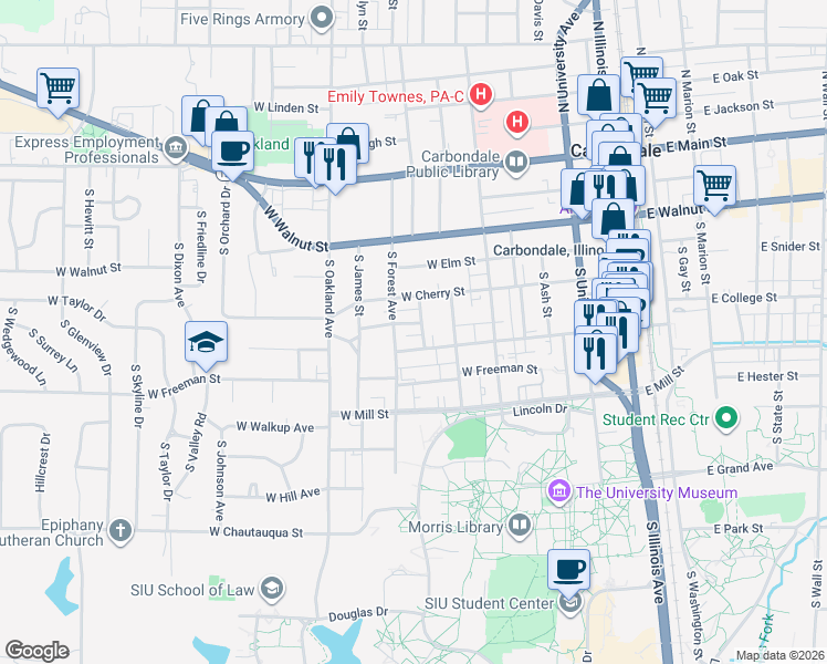 map of restaurants, bars, coffee shops, grocery stores, and more near 510 South Hays Avenue in Carbondale
