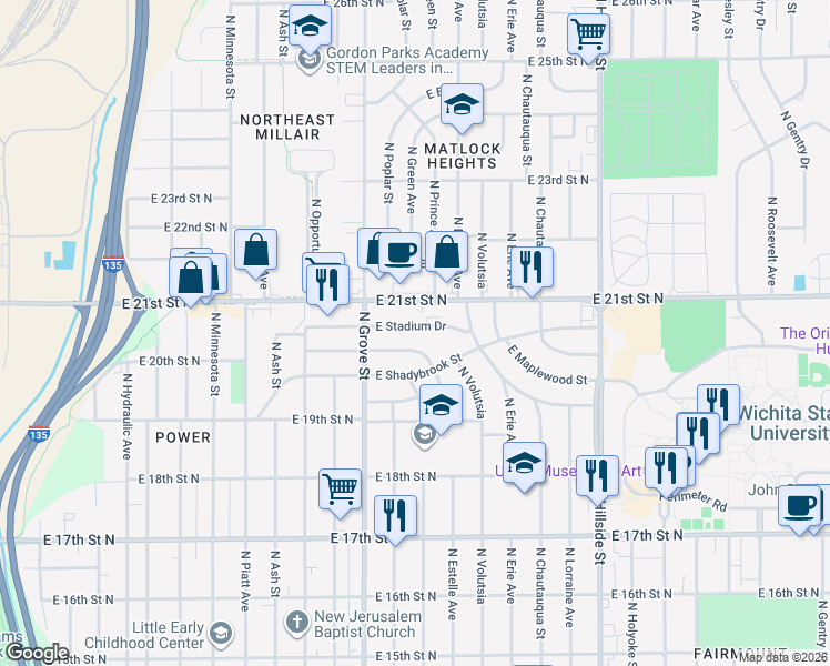 map of restaurants, bars, coffee shops, grocery stores, and more near 2420 East Stadium Drive in Wichita