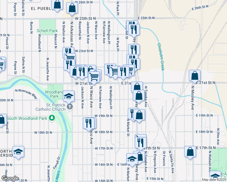 map of restaurants, bars, coffee shops, grocery stores, and more near 2145 North Wellington Place in Wichita