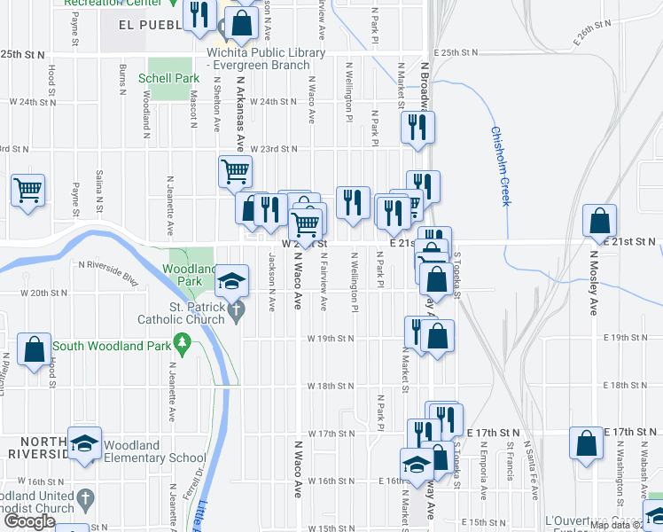 map of restaurants, bars, coffee shops, grocery stores, and more near 355 West 21st Street in Wichita