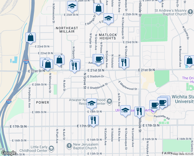 map of restaurants, bars, coffee shops, grocery stores, and more near 2420 East Stadium Drive in Wichita